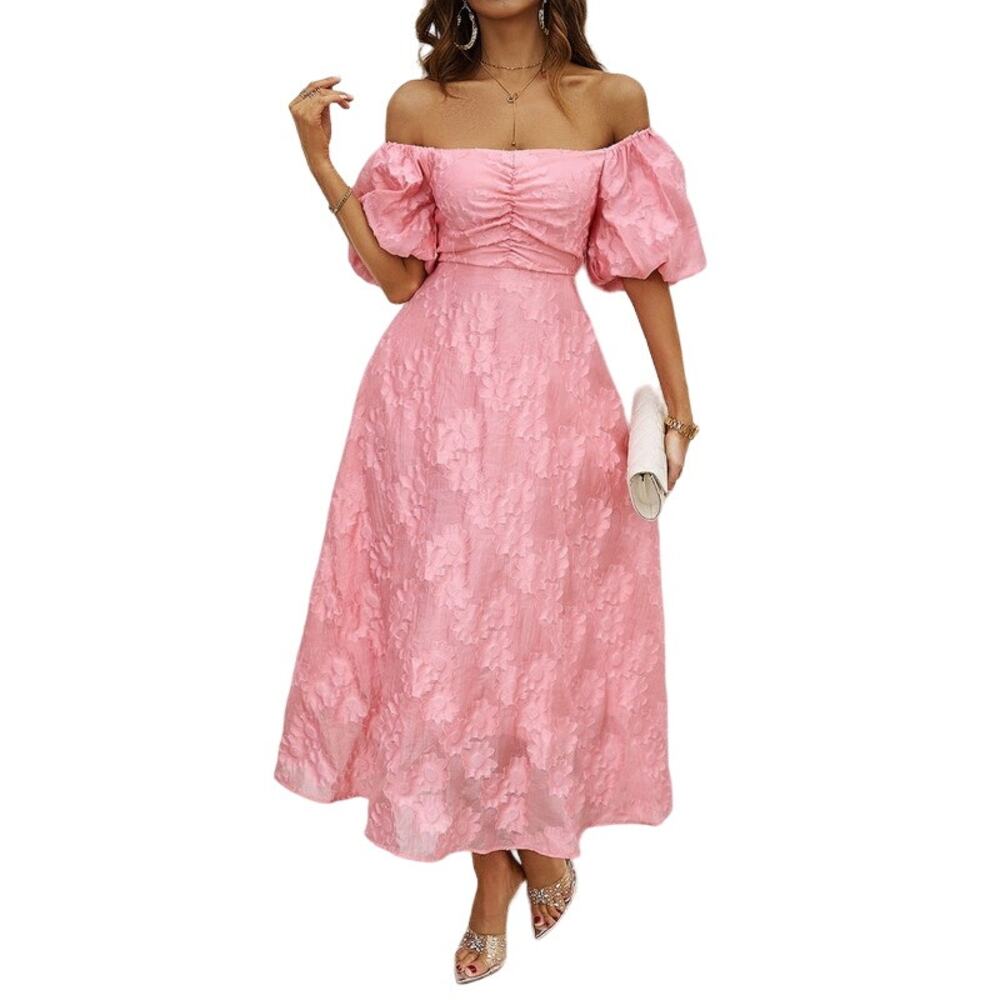 De Vave Women's Pink Floral Off-Shoulder Puff Short Sleeve Midi Formal Dress